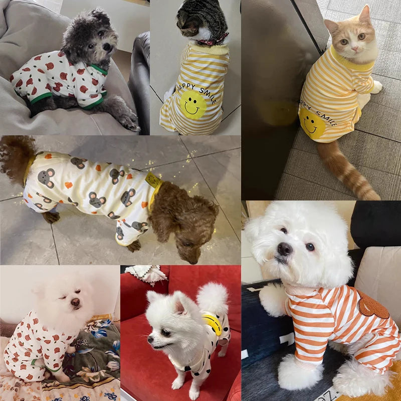 Pet Dog Clothes Striped Smile Print Jumpsuits Chihuahua Sweet Pajamas Puppy Cat Warm Pajamas Autumn Pet Costume Poodle Maltes
