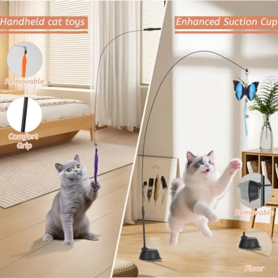 Suction Cup Cat ToysInteractive Cat Wand with 15Pcs Feather Mouse Butterfly Worm Durable Cats Fishing Pole Toy for Indoor Kitte