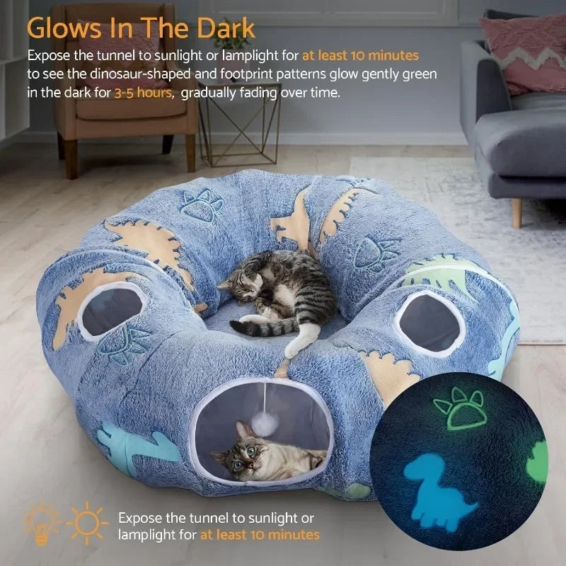 Cat Tunnels Interactive Play System - Foldable & Washable with Peekaboo Cave & Plush Bed, 4 Entry Adventure Zone for Cats & Pets