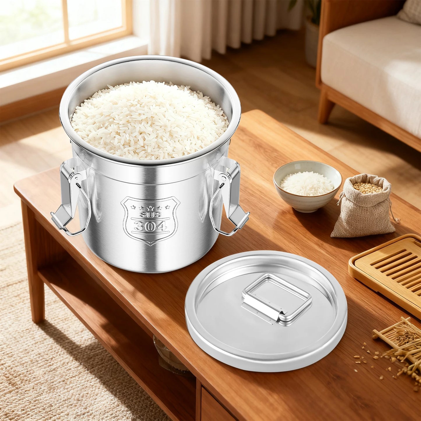 6L Stainless Steel Grain Container Kitchen Rice Grain Oil Storage Barrel w/ Handles+Lid Locking Clamp Airtight Canister, 20*20cm