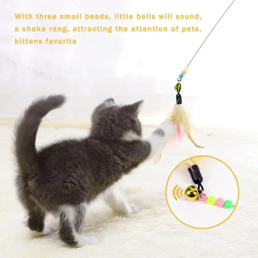 Pack Cat Feather Toy Wand, Interactive Pet Kitten Chaser Teaser Wire Wand with Bell Beads for Cat Exercise Play Fun Gifts Whole