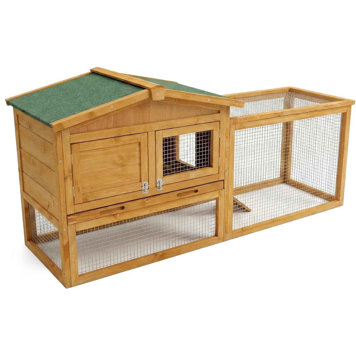 60" L Large Rabbit Hutch Outdoor 2-Tier Wooden Bunny Cage with Non-Slip Ramp, Large Playpen Pull-Out Tray for Rabbits Chickens