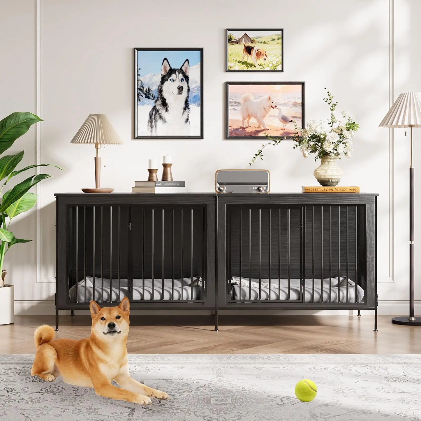 78.74" XL Double Dog Crate Furniture Heavy Duty Kennel With Removable Divider For 2 Dogs Indoor Dog Crate As TV Stand