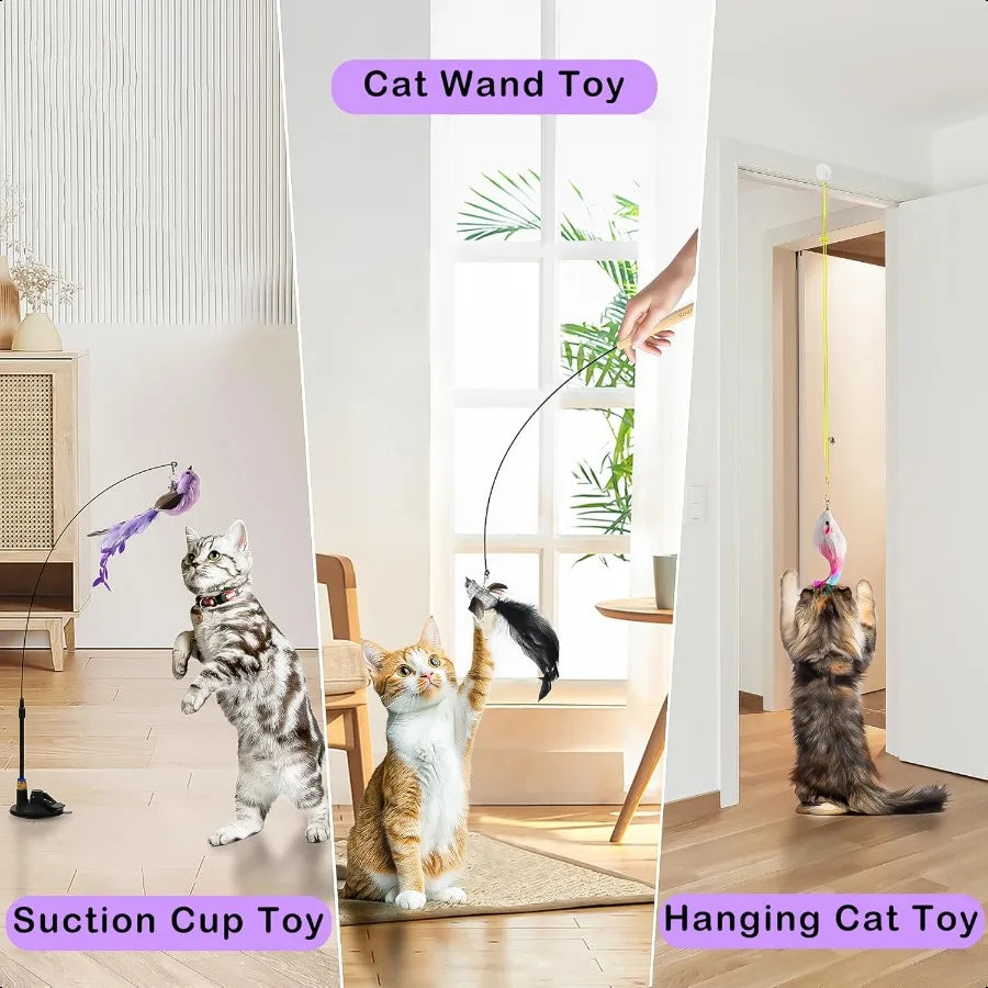 3in1 Flying Bird Cat Toys 7Pcs Wooden Cats Wand Toy Fishing Pole Cat Bird Toys ReplacementsInteractive Enhanced Suction Cup and