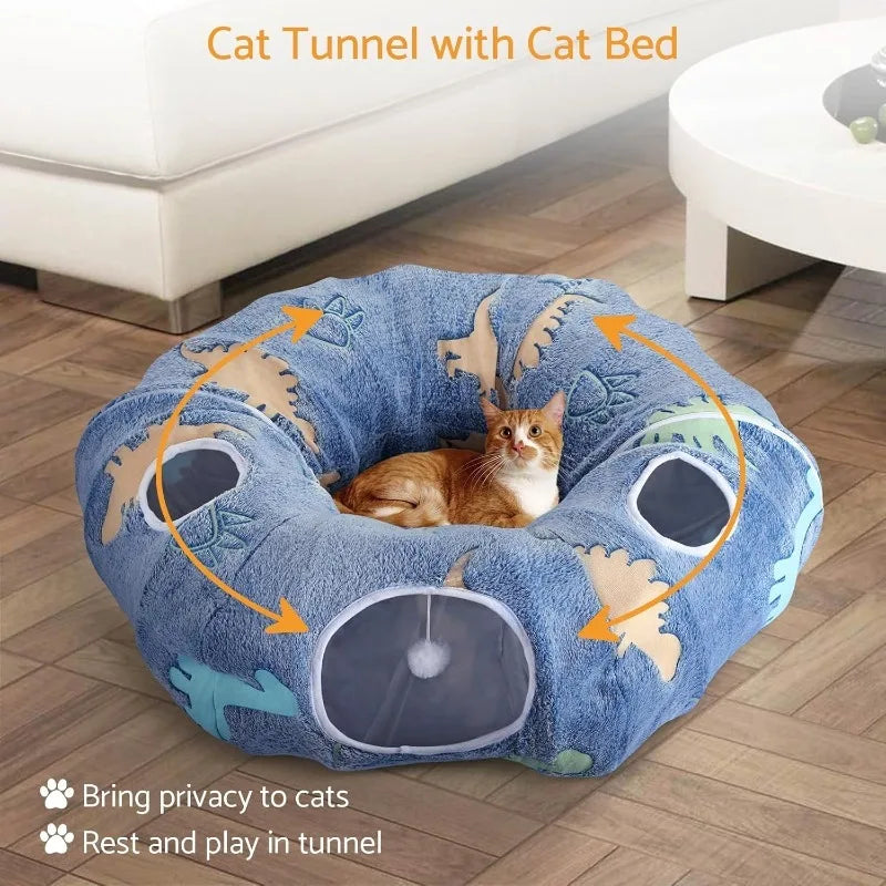 Cat Tunnels Interactive Play System - Foldable & Washable with Peekaboo Cave & Plush Bed, 4 Entry Adventure Zone for Cats & Pets