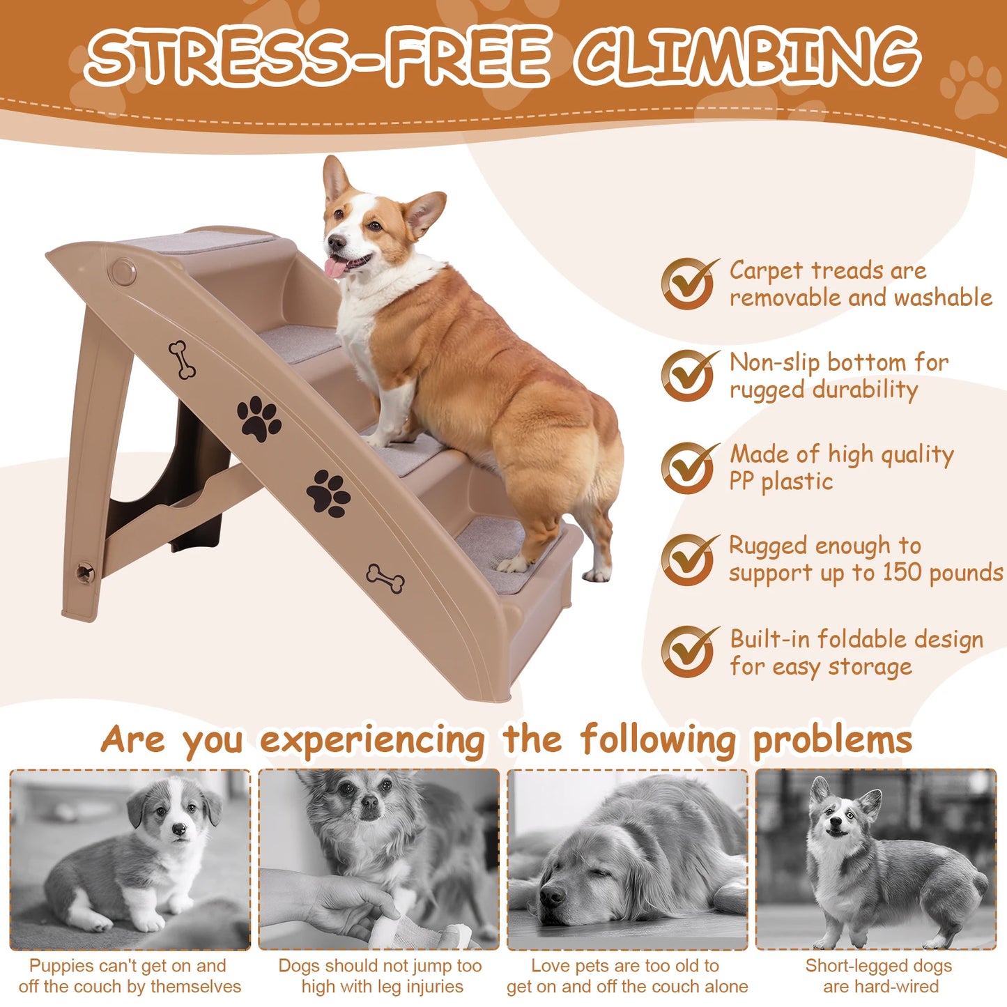 4-Step Pet Dog Stairs Foldable Cat and Dog Steps Non-Slip Indoor Pet Steps Dog Stairs Ramp Sofa Ladder for Small Pet Dogs Cats